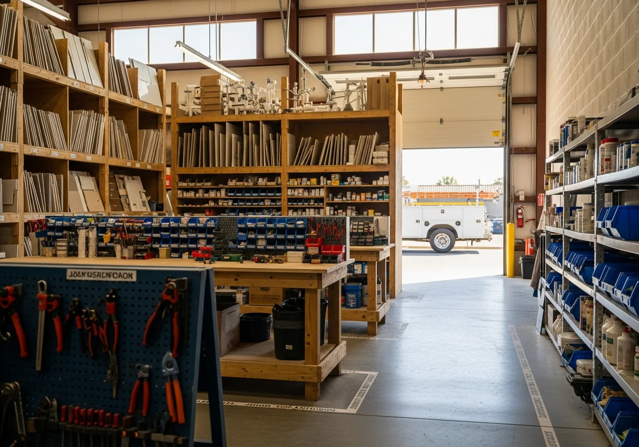 Construction crew and tools ready for residential remodeling work. Shop floor with equipment and materials organized for kitchen and bathroom projects.