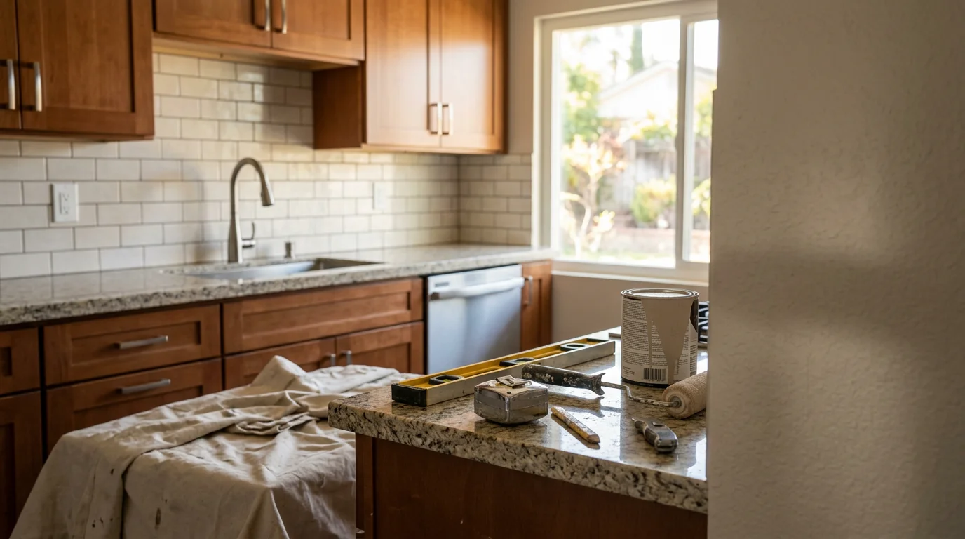 Modern kitchen remodel with custom cabinetry, granite countertops, and stainless steel appliances
