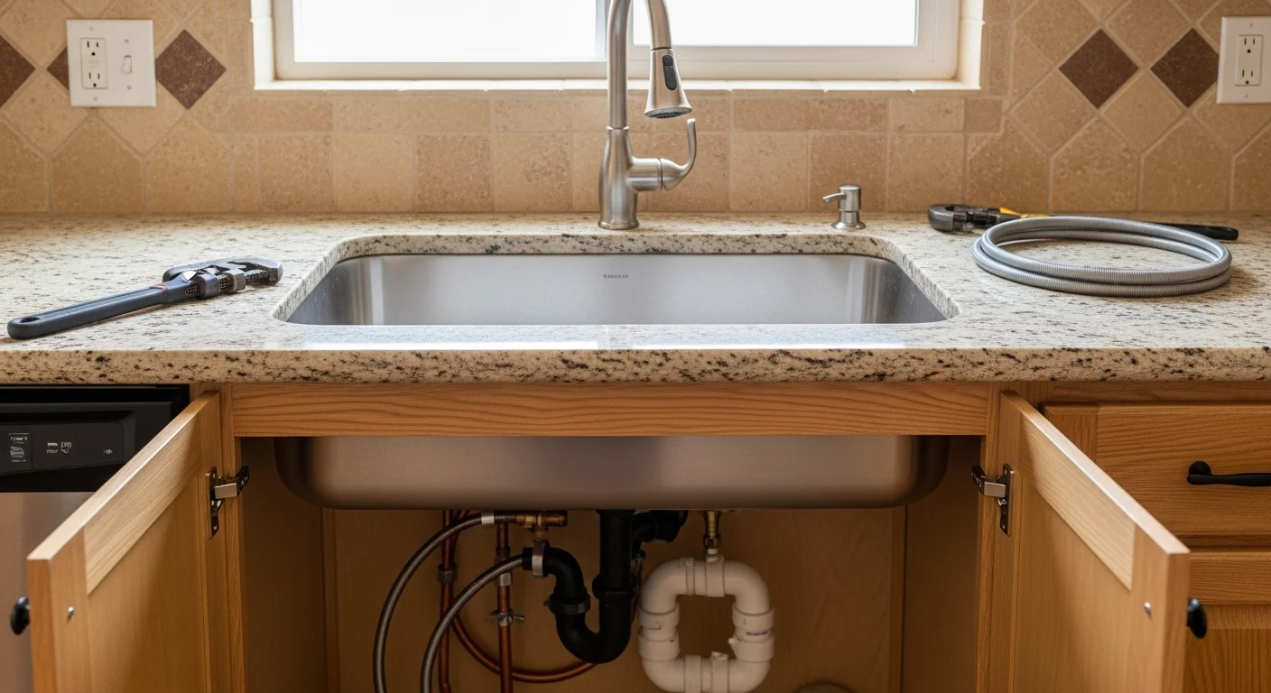 Plumber installing fixtures in newly remodeled bathroom