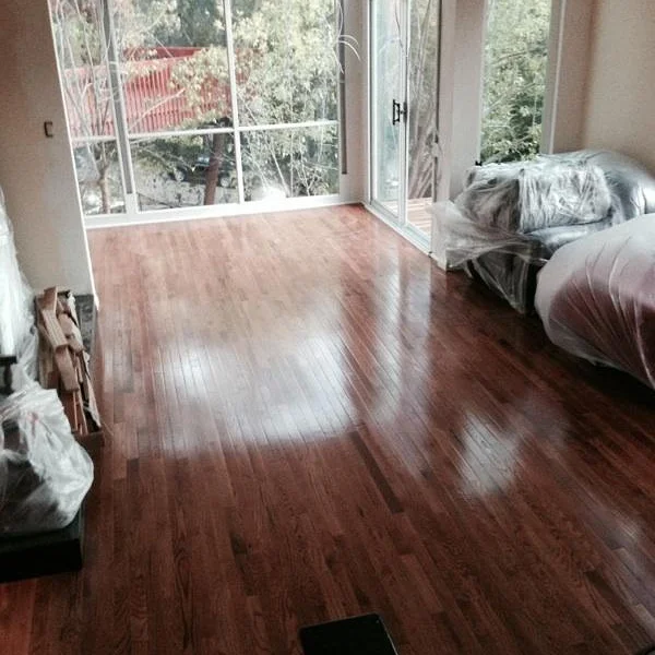 Dark hardwood flooring in bedroom with glass sliding doors and windows