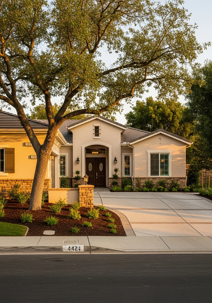 Close-up of a Simi Valley home's exterior showing landscaping and property entrance.