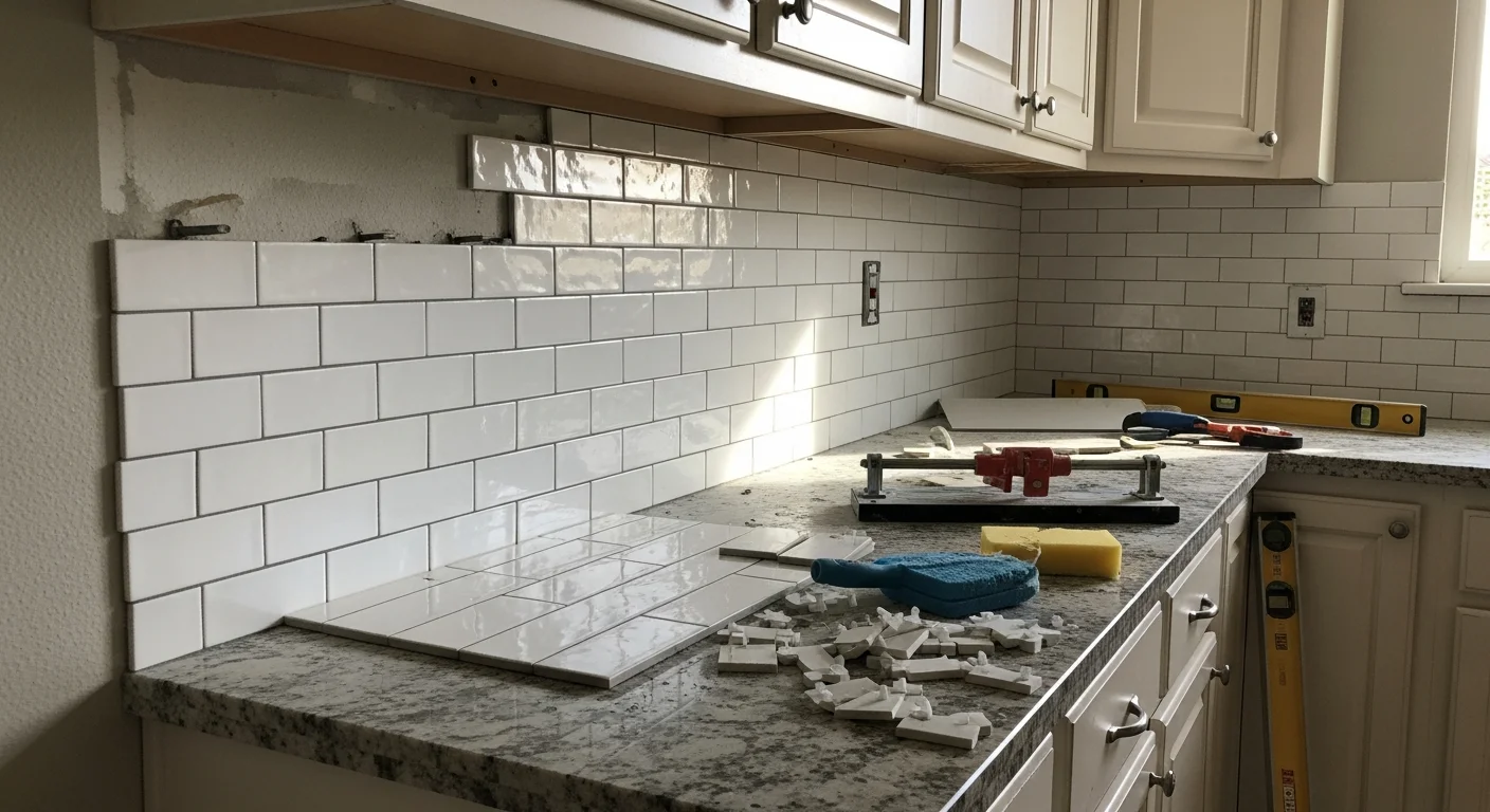 Freshly installed tile backsplash in a Simi Valley kitchen, showing clean grout lines and precise cuts around wall outlets and upper cabinets. The finished wall runs from the countertop to the bottom of the upper cabinetry with no gaps or uneven edges.