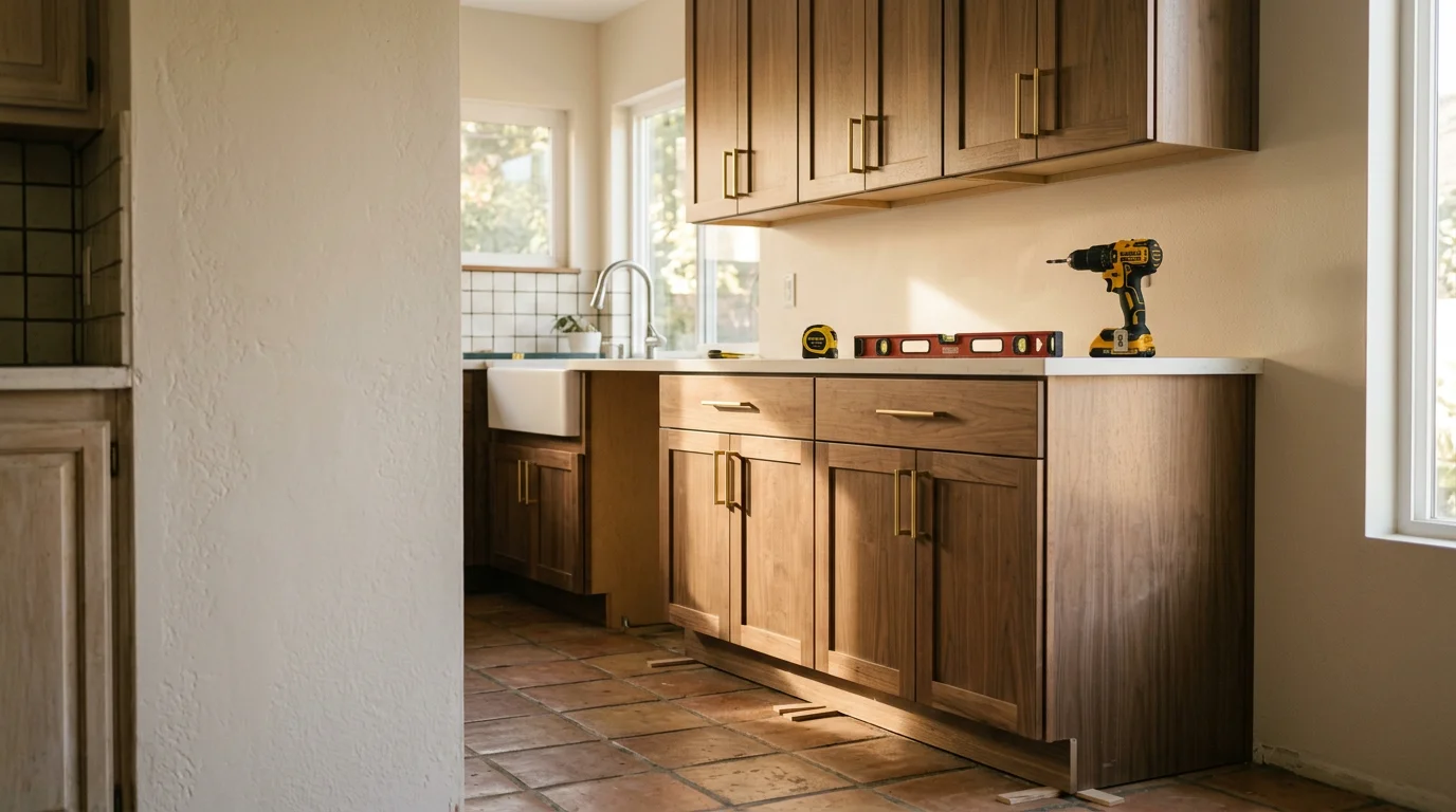 Newly installed kitchen cabinets with clean lines and organized storage in a Simi Valley home. The cabinets run floor to ceiling along the kitchen wall, showing a finished installation by Pacific West Construction Specialists, Inc.