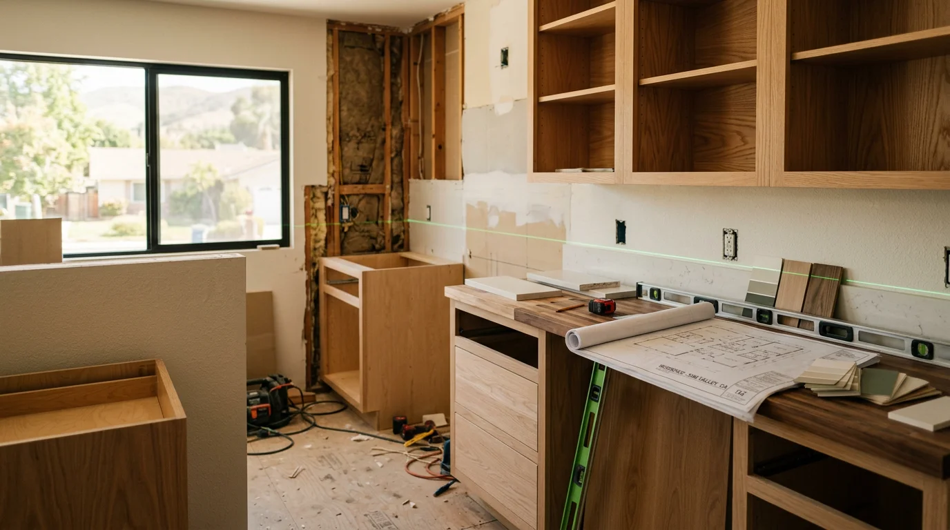 A finished custom kitchen interior in a Simi Valley home, showing a redesigned open layout with full-height cabinetry and a central island. The space reflects a design built around the scale and style common to residential homes across Ventura County.
