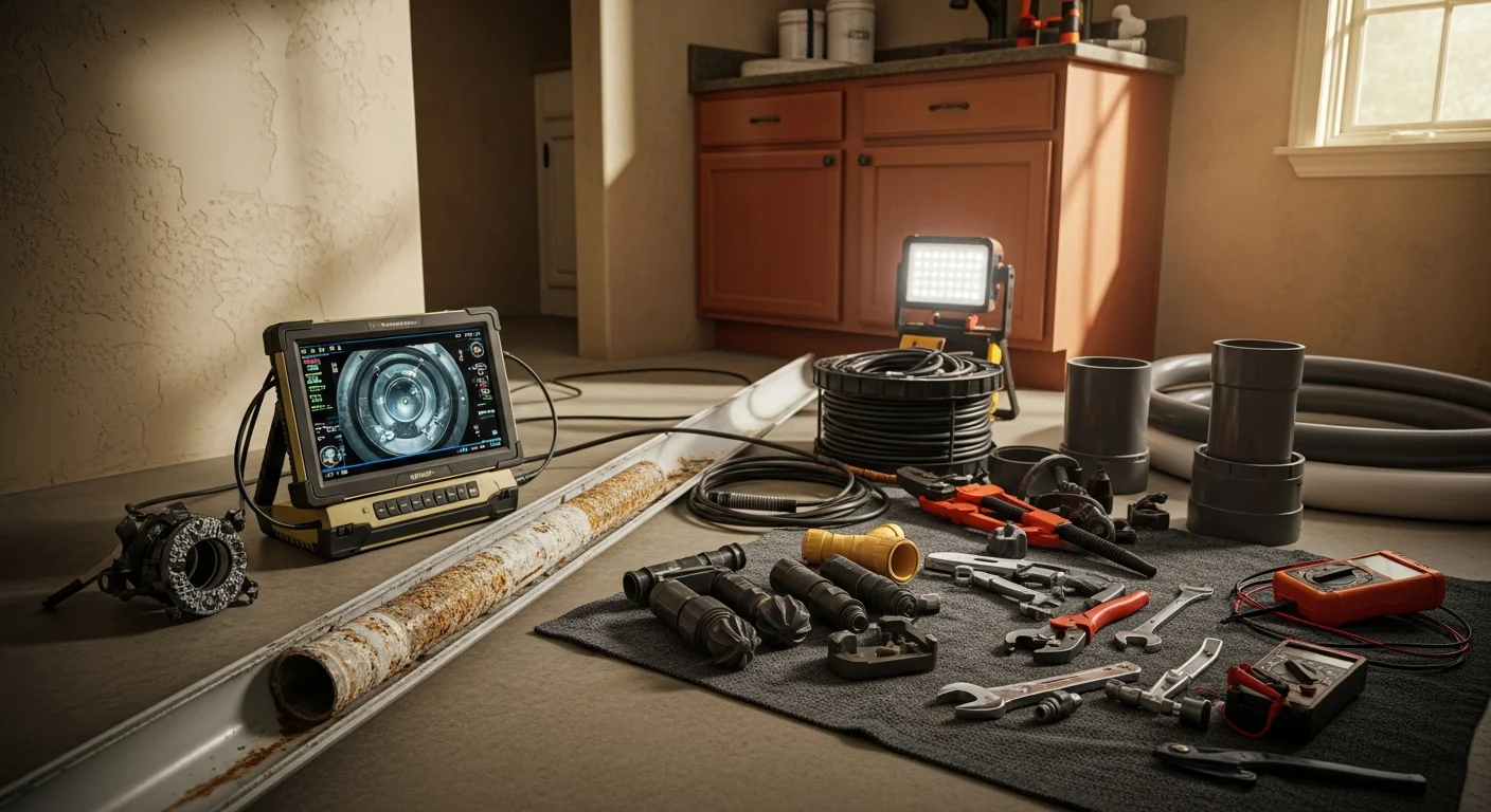 A plumber using a camera inspection tool to examine a damaged underground drain line at a residential property in Simi Valley. The exposed pipe section shows visible corrosion and root intrusion typical of older Simi Valley homes.