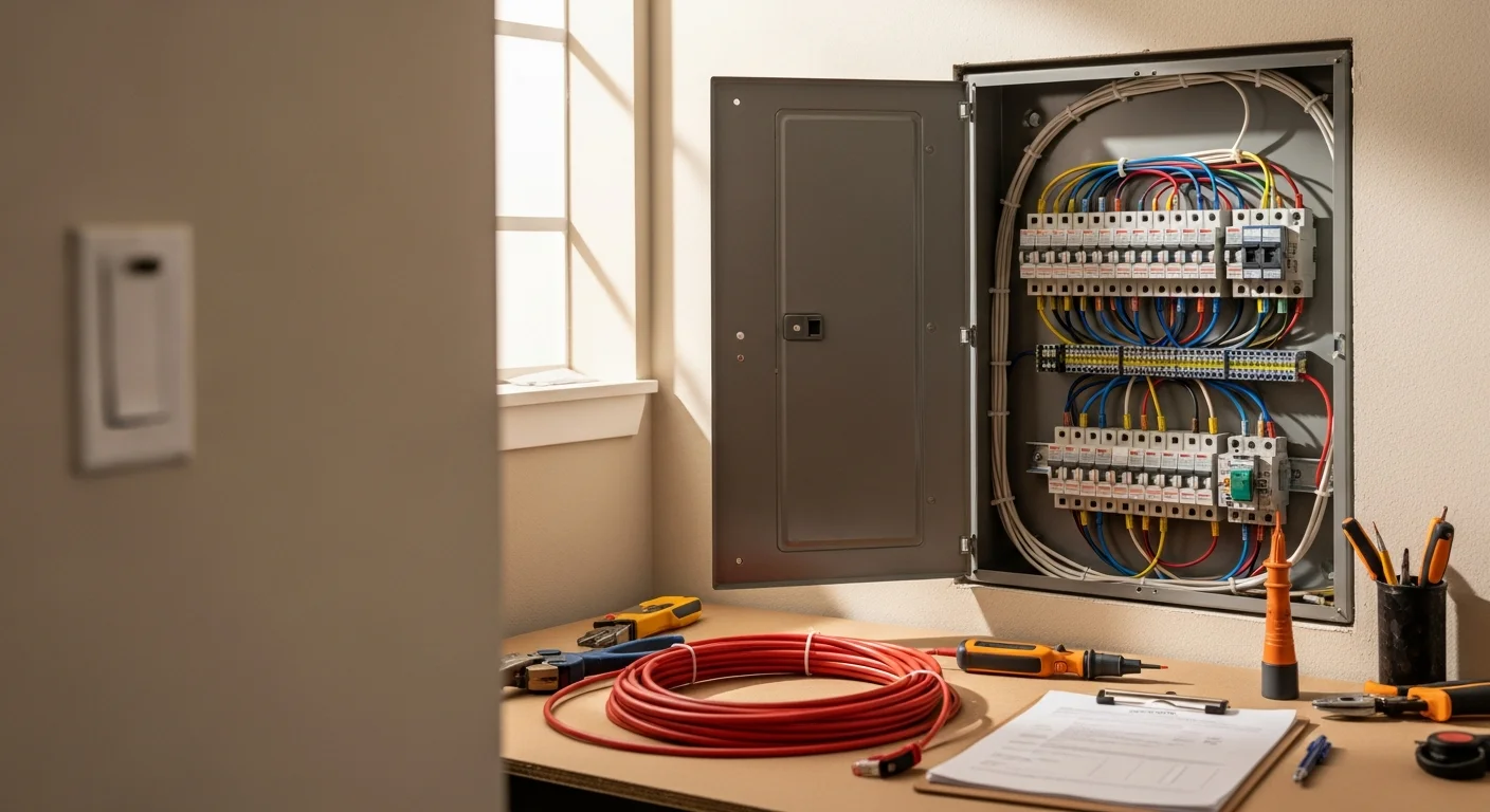 A licensed electrician from Pacific West Construction Specialists, Inc. installing a new electrical panel inside a Simi Valley home. Neatly run conduit and organized circuit breakers are visible inside the open panel enclosure.