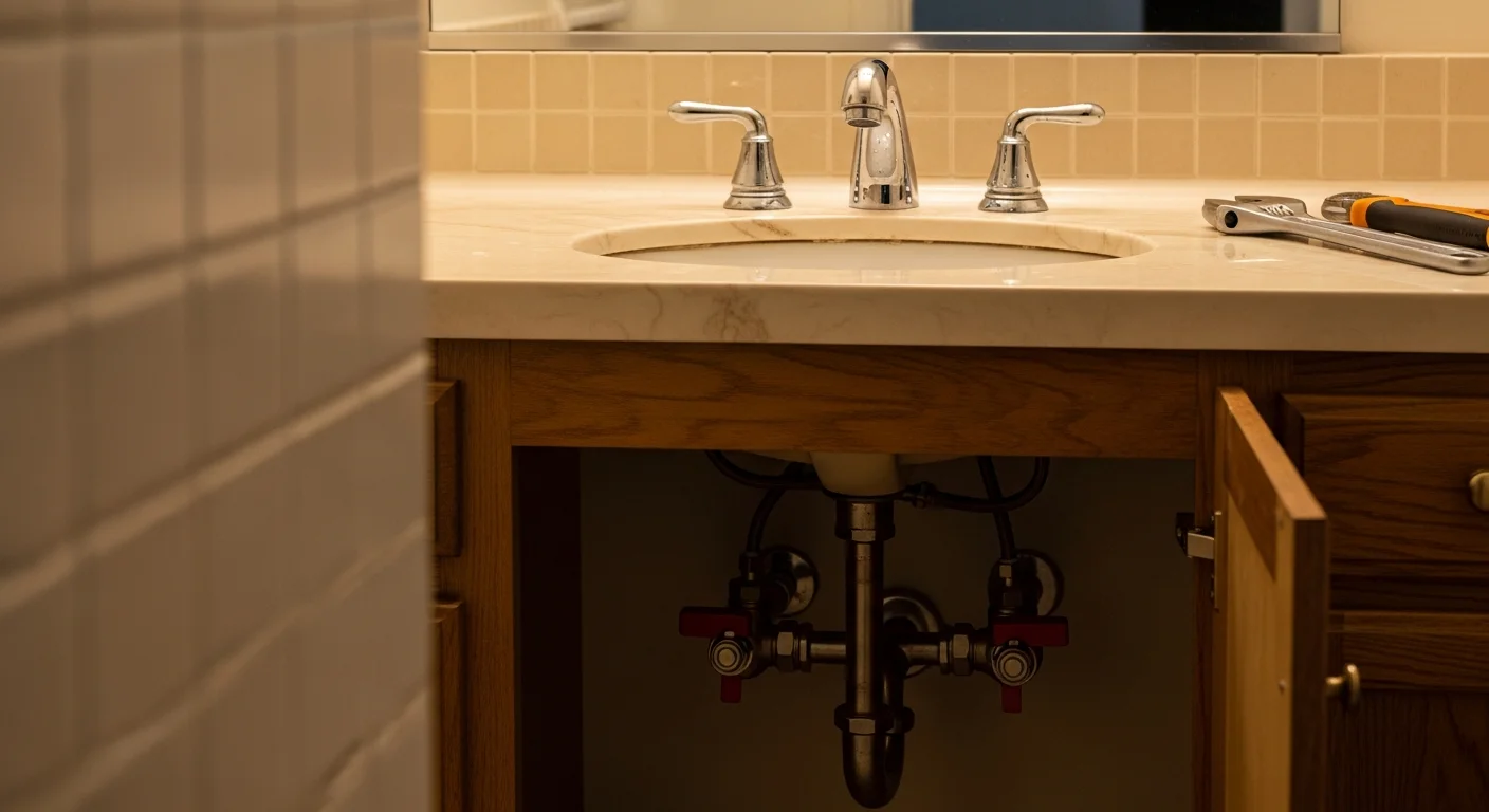 A licensed plumber from Pacific West Construction Specialists, Inc. completing a faucet fixture installation at a kitchen sink in a Simi Valley home. The work area shows clean supply line connections and a newly mounted fixture ready for use.