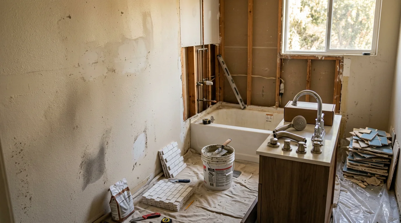 Fully renovated bathroom in a Simi Valley home showing new floor tile, a tiled walk-in shower surround, and an updated vanity with modern fixtures. The space reflects a complete gut renovation typical of older Ventura County tract homes.
