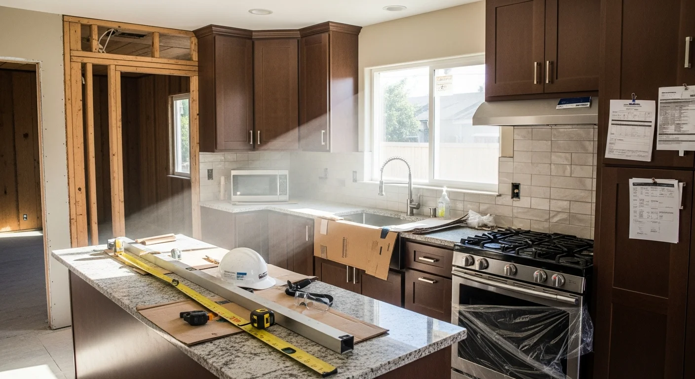A renovated open-concept kitchen and living area inside a single-family home in Simi Valley, California, showing updated cabinetry, modern finishes, and a reconfigured floor plan. Work completed by Pacific West Construction Specialists, Inc., a licensed general contractor serving Simi Valley.