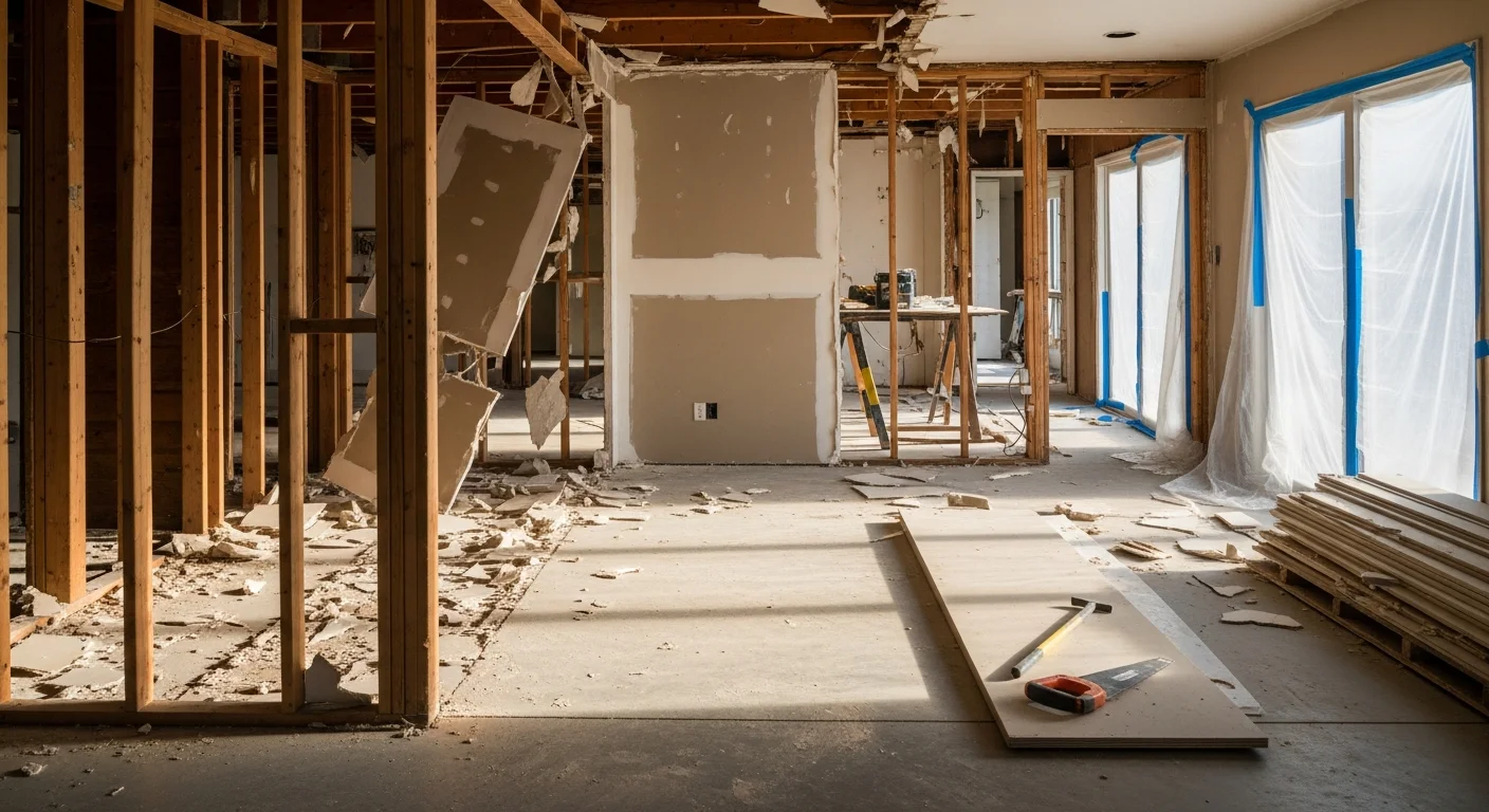 Interior of a Simi Valley home mid-demolition, with drywall removed, partition walls cleared, and bare framing exposed in preparation for a full remodel. A clean, debris-free floor shows the work area contained by Pacific West Construction Specialists, Inc.