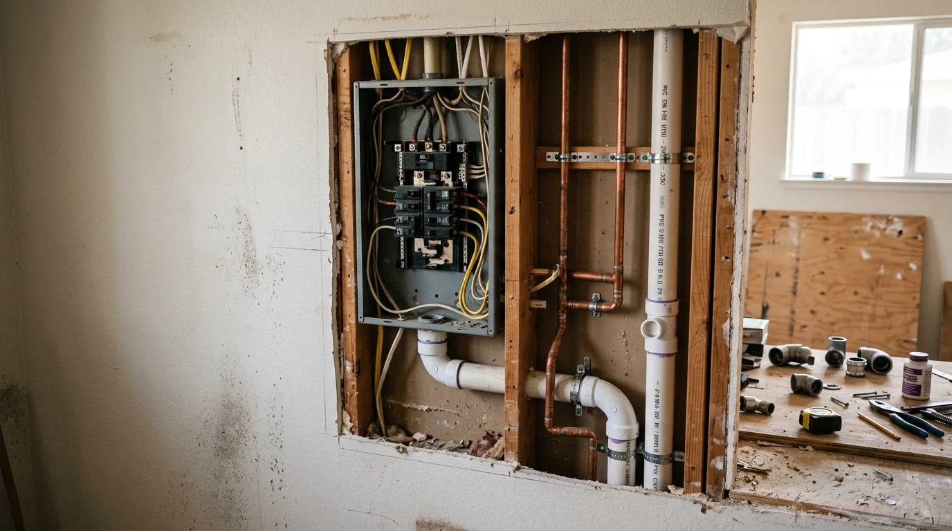 Exposed kitchen wall in a Simi Valley home showing new copper supply lines and updated electrical wiring roughed in before drywall, during a kitchen remodel by Pacific West Construction Specialists.