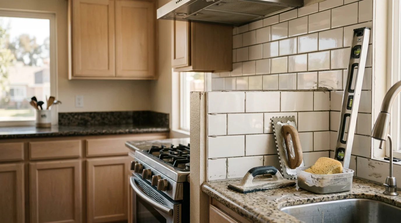 Freshly installed kitchen tile backsplash with consistent grout lines behind the range in a Simi Valley home. The tile runs from the countertop to the upper cabinets with clean edge cuts along the cabinetry sides.