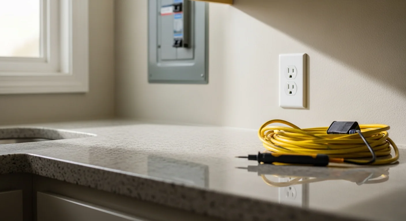 A licensed electrician installs a new GFCI outlet in a Simi Valley home kitchen, with the wall box wired and secured before the cover plate is attached. The finished outlet sits flush against a tiled backsplash near the countertop workspace.