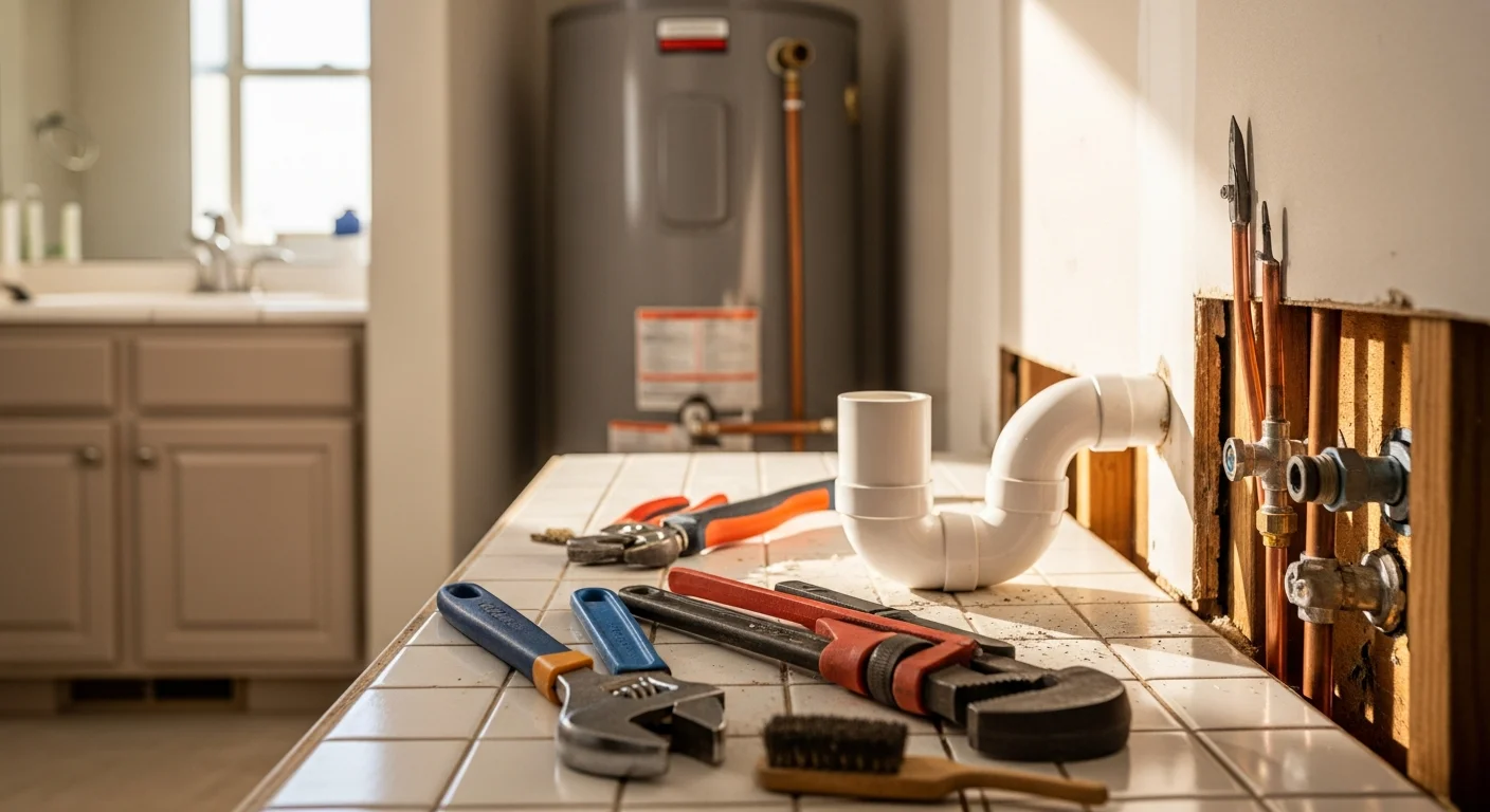 A licensed plumber from Pacific West Construction Specialists, Inc. connecting new supply lines beneath a kitchen sink in a single-family home in Simi Valley, California. The installation shows copper fittings and shut-off valves fitted to an updated drain assembly.