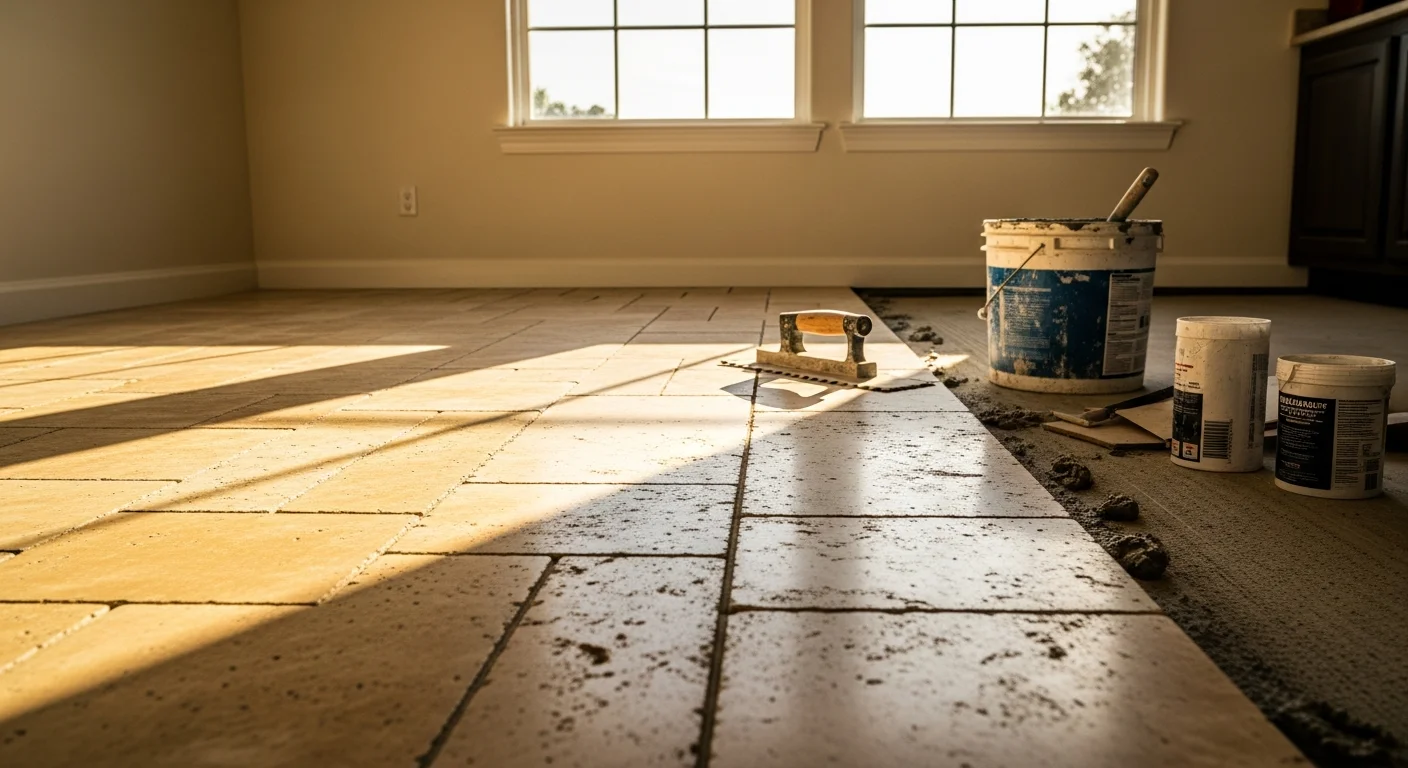 Freshly installed natural stone flooring in a Simi Valley home entryway, showing tight grout lines and a smooth sealed surface. The stone extends from the front door into an open-concept living area with warm Southern California light across the floor.