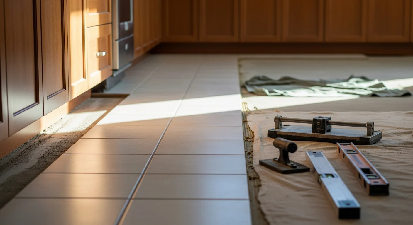 Freshly installed porcelain floor tile in a Simi Valley home kitchen, showing straight grout lines and a clean transition to the adjacent room. The tile surface reflects natural light from a window, with a ranch-style interior visible in the background.