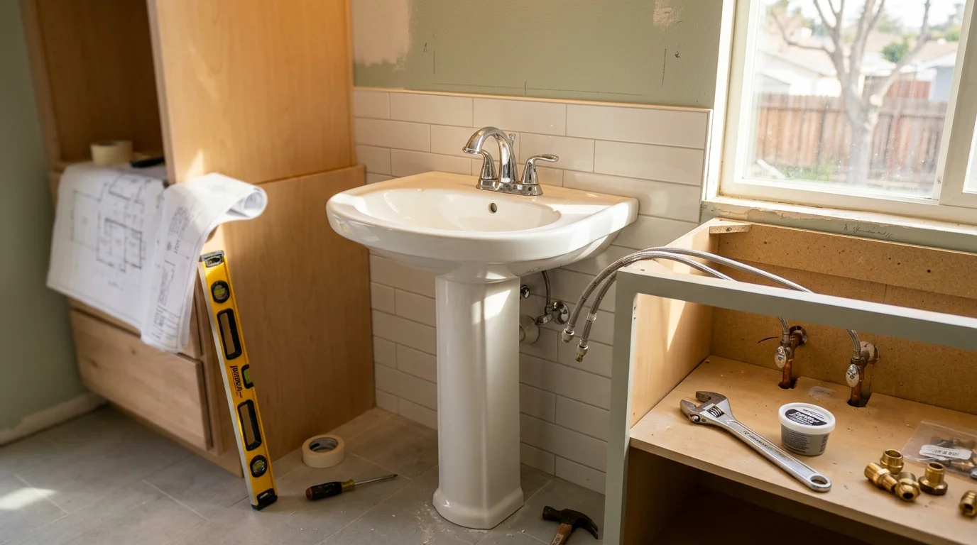A newly installed bathroom vanity with a clean countertop and updated fixtures in a Simi Valley home. The cabinet is set flush against the wall with supply lines and drain connections fully concealed beneath.
