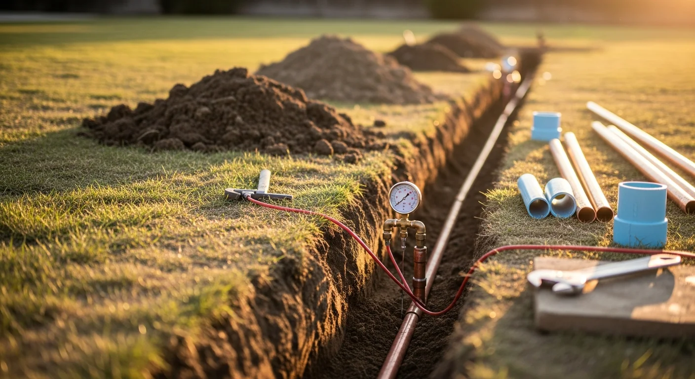 A licensed plumber from Pacific West Construction Specialists, Inc. installing a new main water line in the front yard of a single-family home in Simi Valley, California. The trench runs from the street connection to the home's foundation, with fresh pipe laid and ready for backfill.